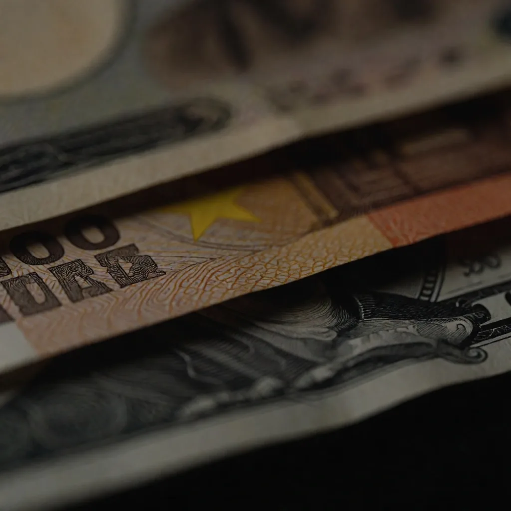 Billetes de divisas internacionales apilados