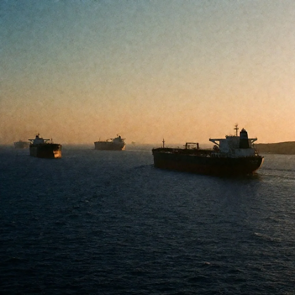 Buques petroleros navegando un estrecho al atardecer