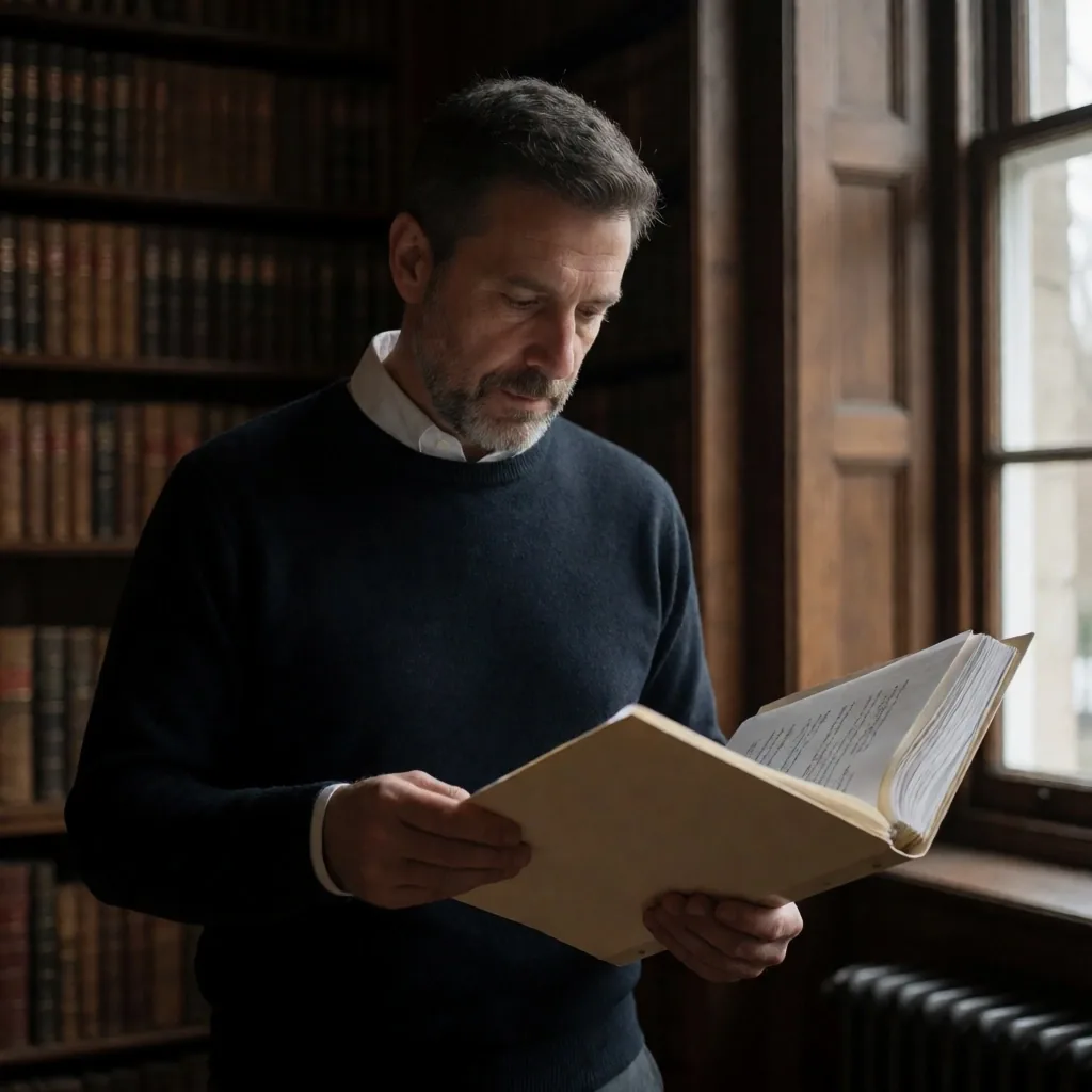 Hombre leyendo el periódico en un escritorio con luz tenue
