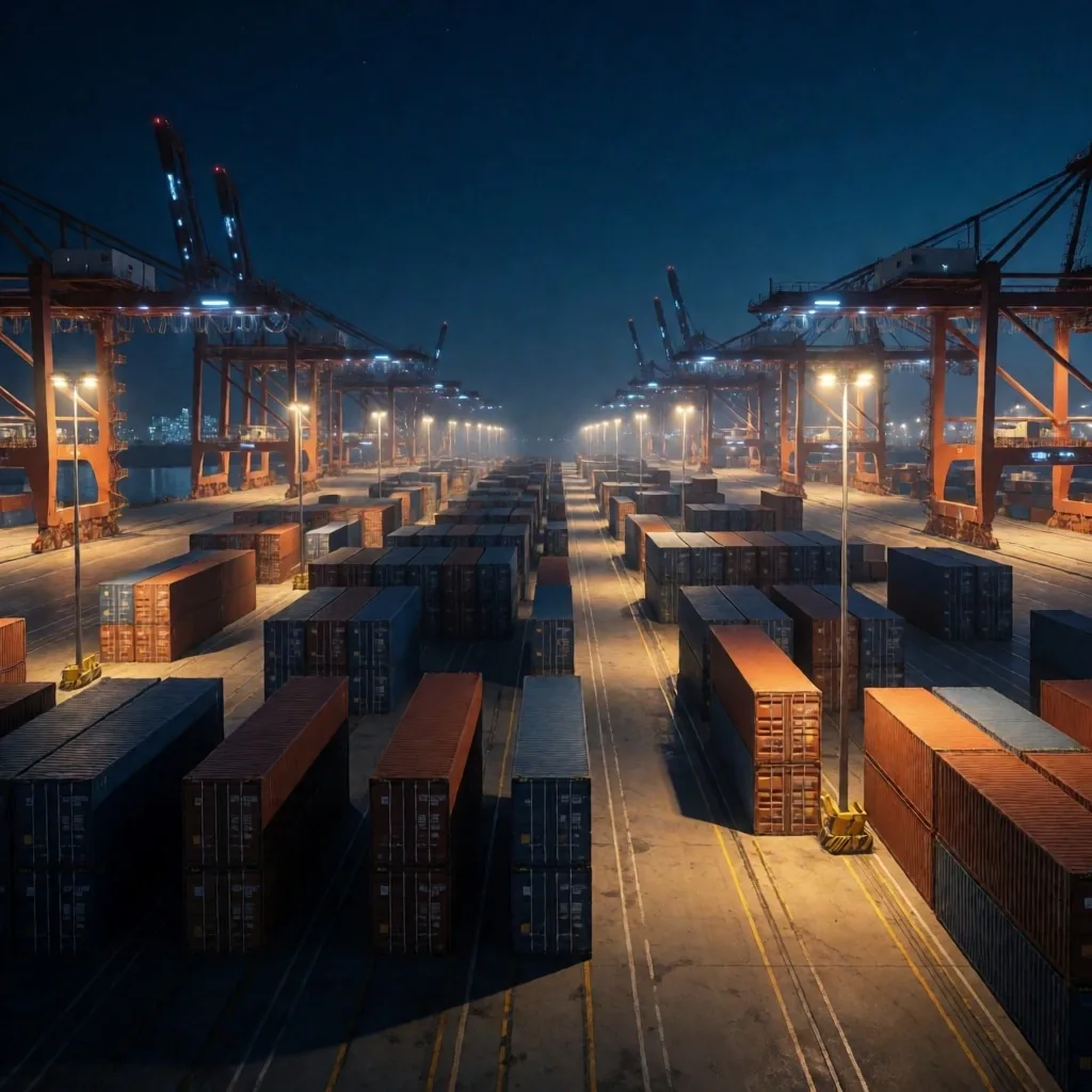 Terminal portuaria automatizada con grúas y contenedores