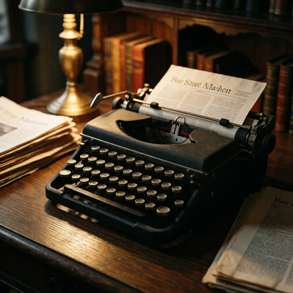 Escritorio editorial nocturno con páginas de periódico y máquina de escribir