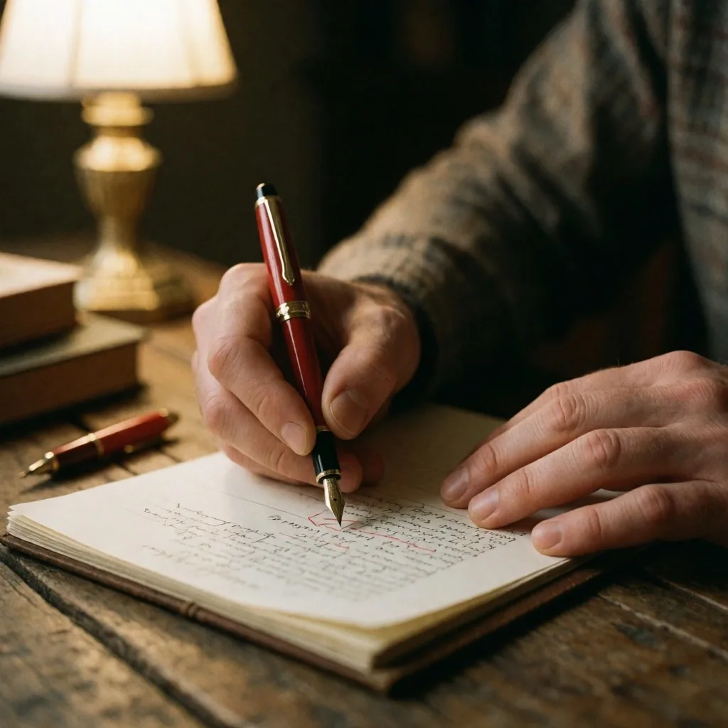 Manos corrigiendo un manuscrito impreso con pluma roja en un escritorio editorial