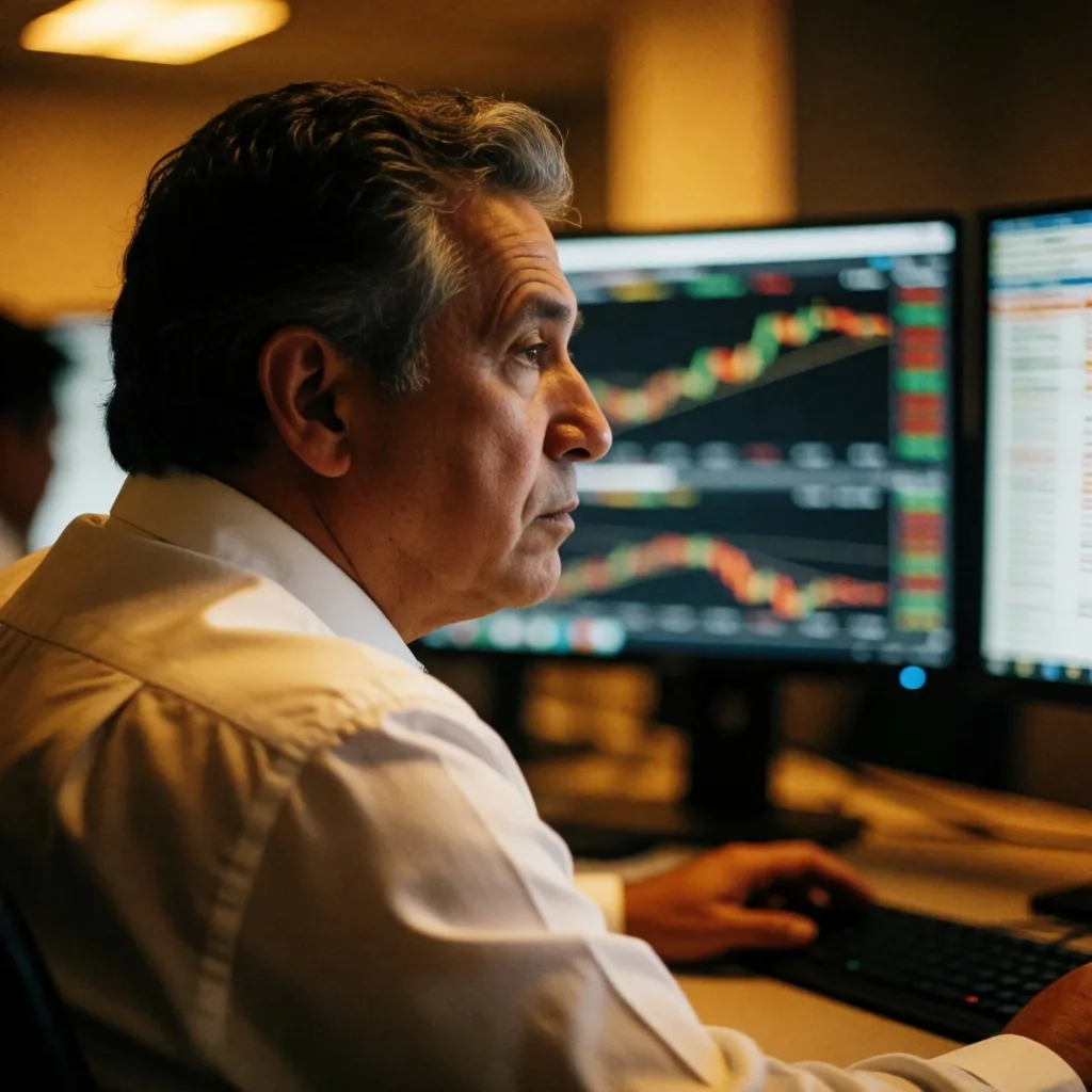Operador financiero monitoreando gráficos de mercado