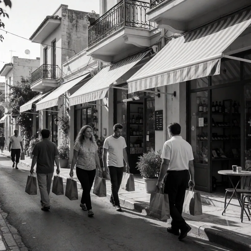 Calle comercial de barrio en Atenas con actividad diurna
