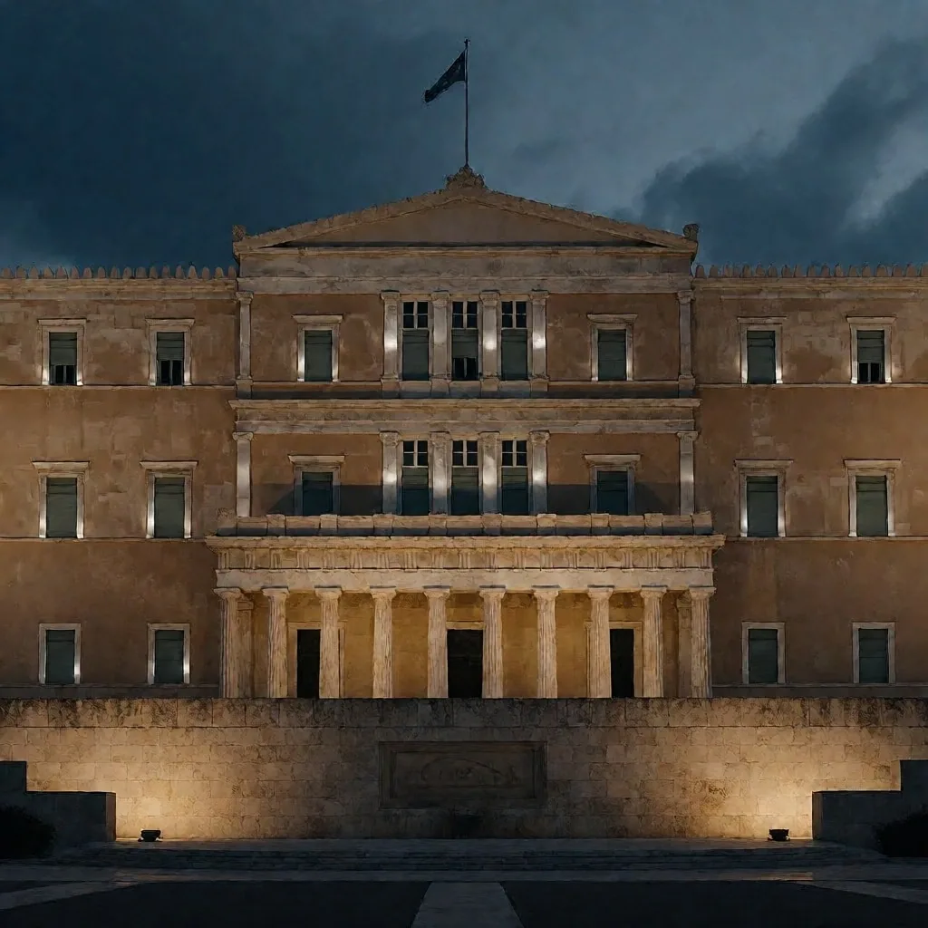 Edificio del parlamento griego en Atenas al anochecer