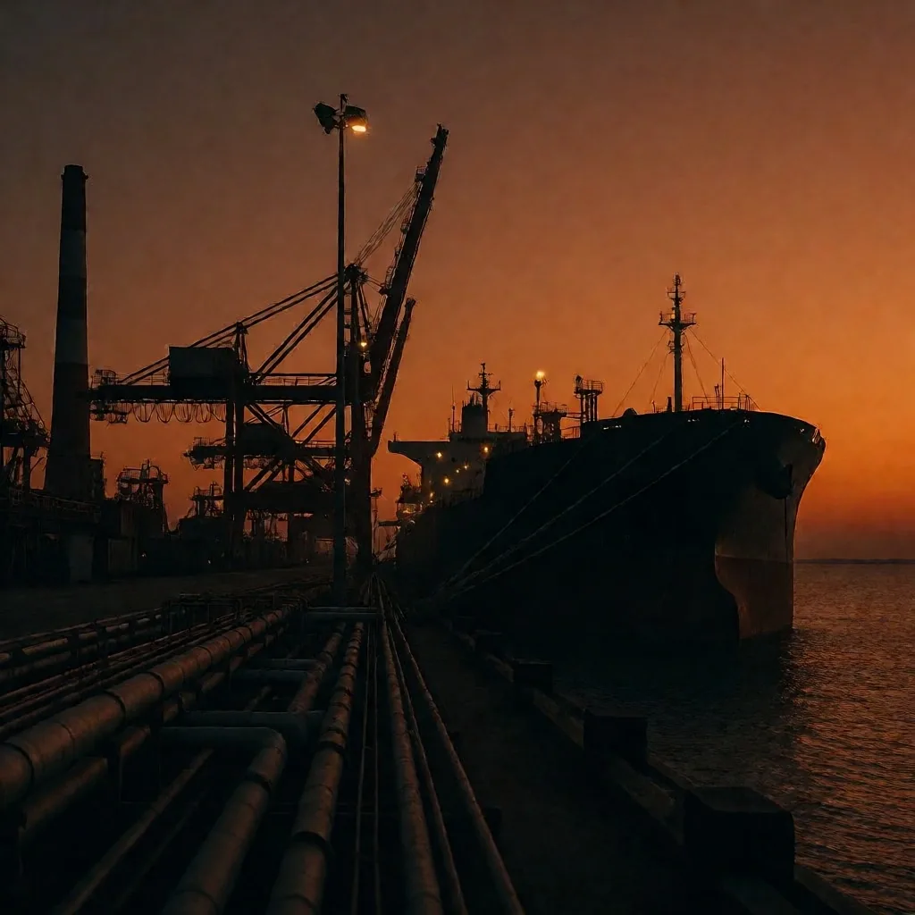 Terminal petrolera al atardecer