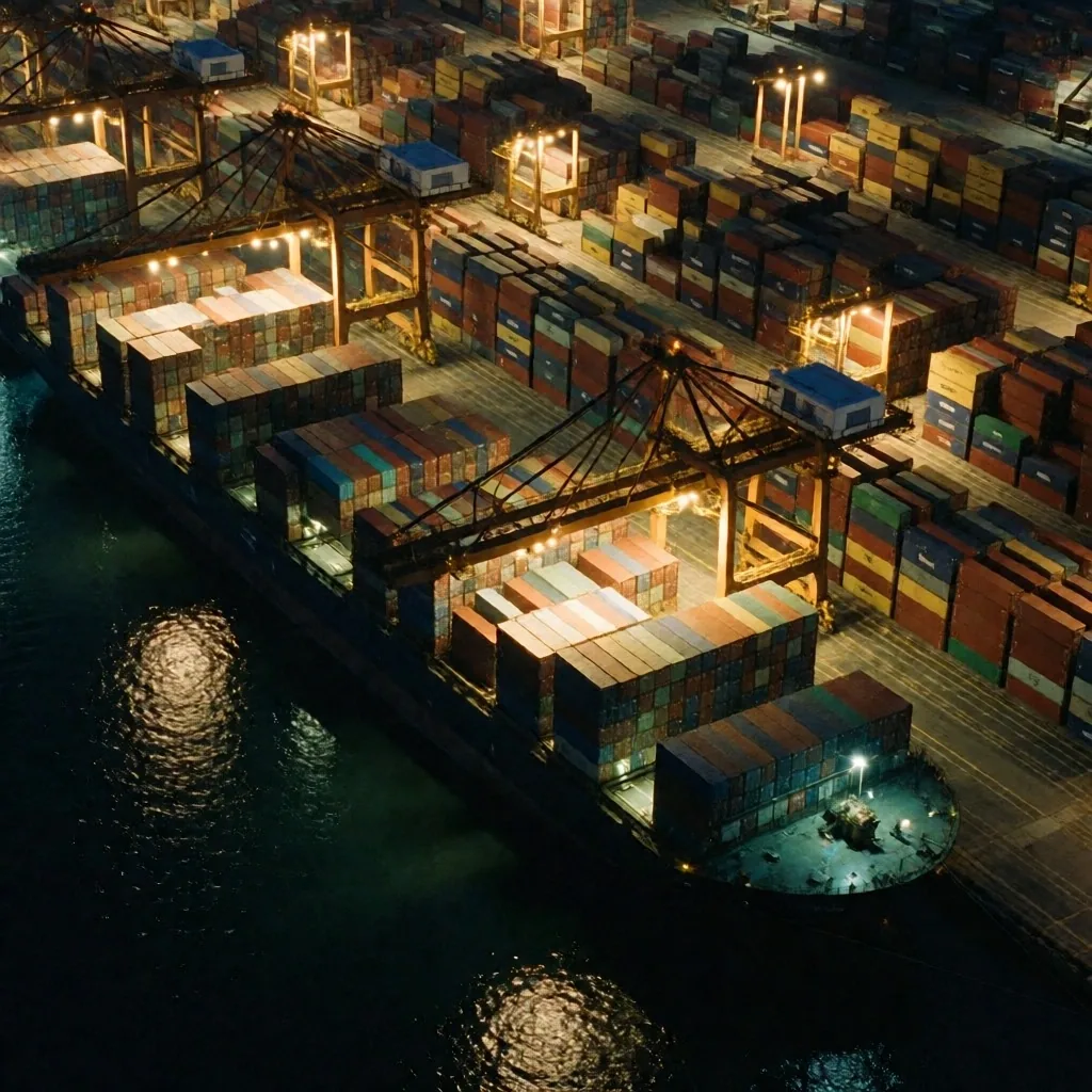 Puerto comercial nocturno con contenedores