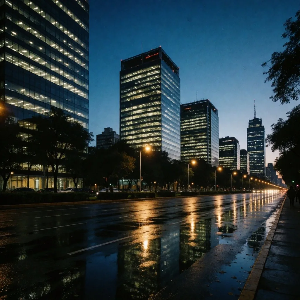Distrito financiero de la Ciudad de México al anochecer