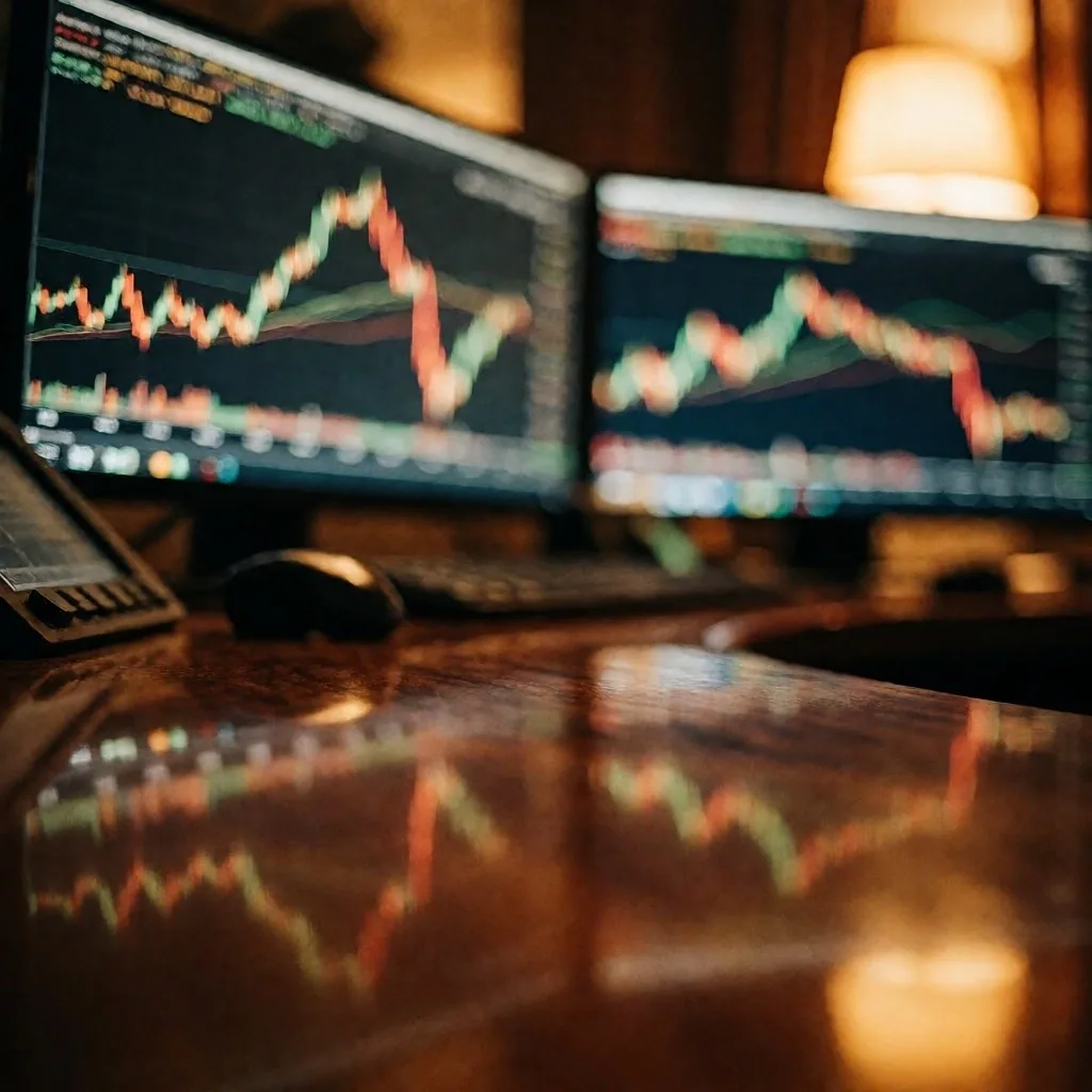 Sala de operaciones financieras con pantallas de mercado