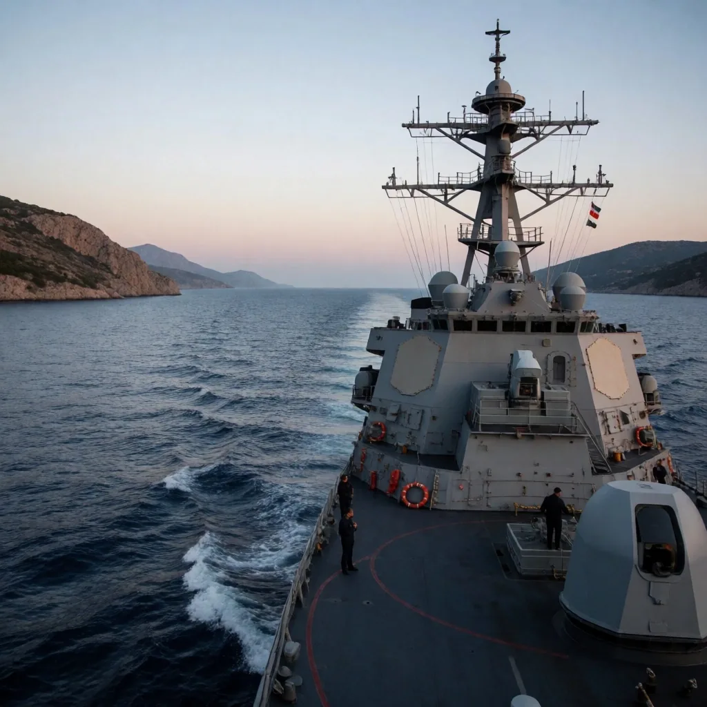 Buque naval en horizonte brumoso al amanecer