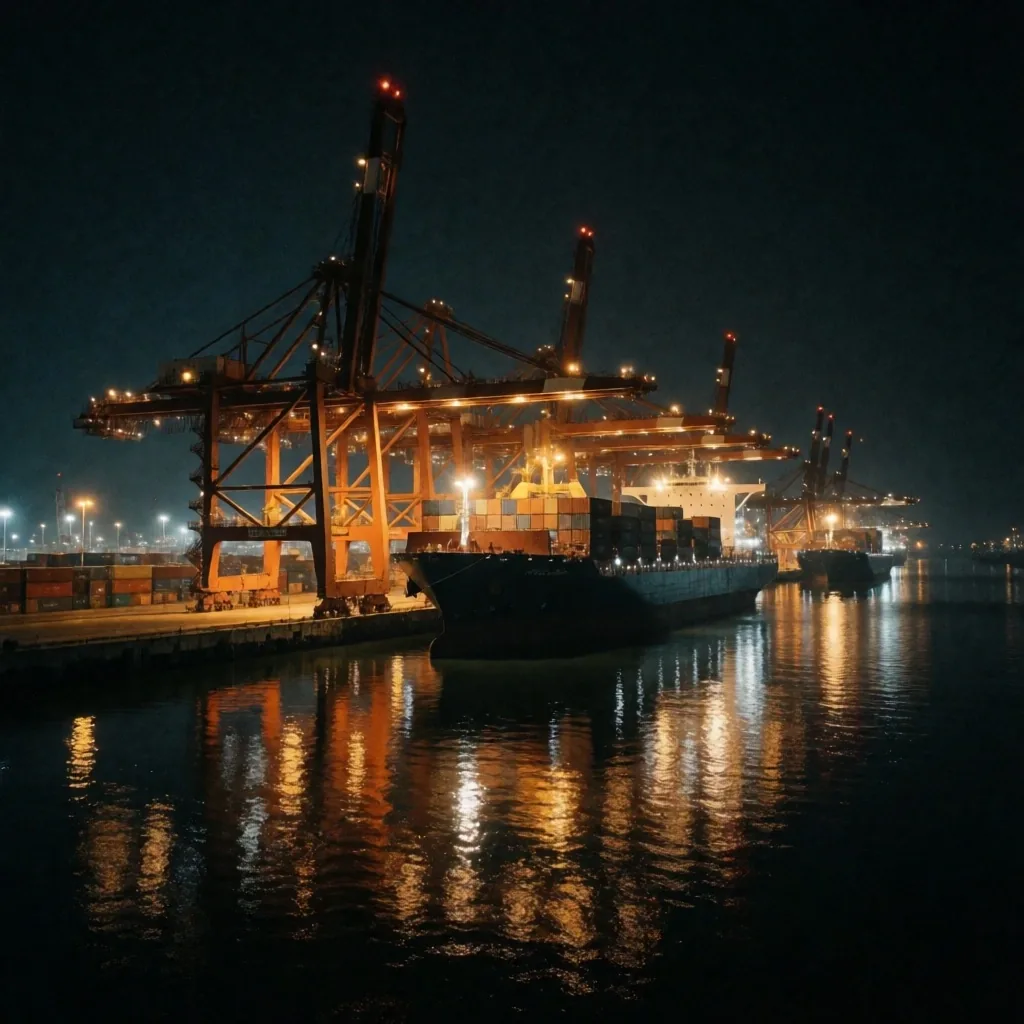 Puerto marítimo de carga nocturno con grúas iluminadas