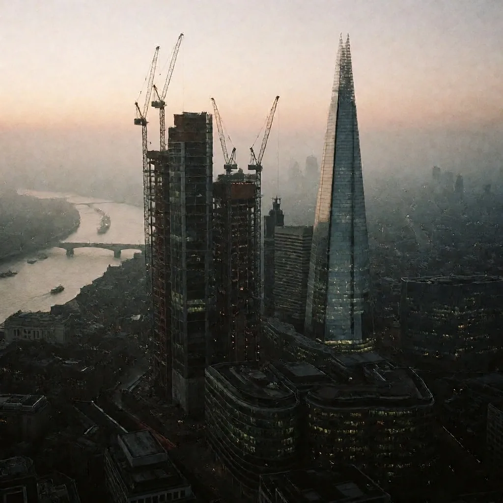 Distrito financiero de Londres con grúas de construcción