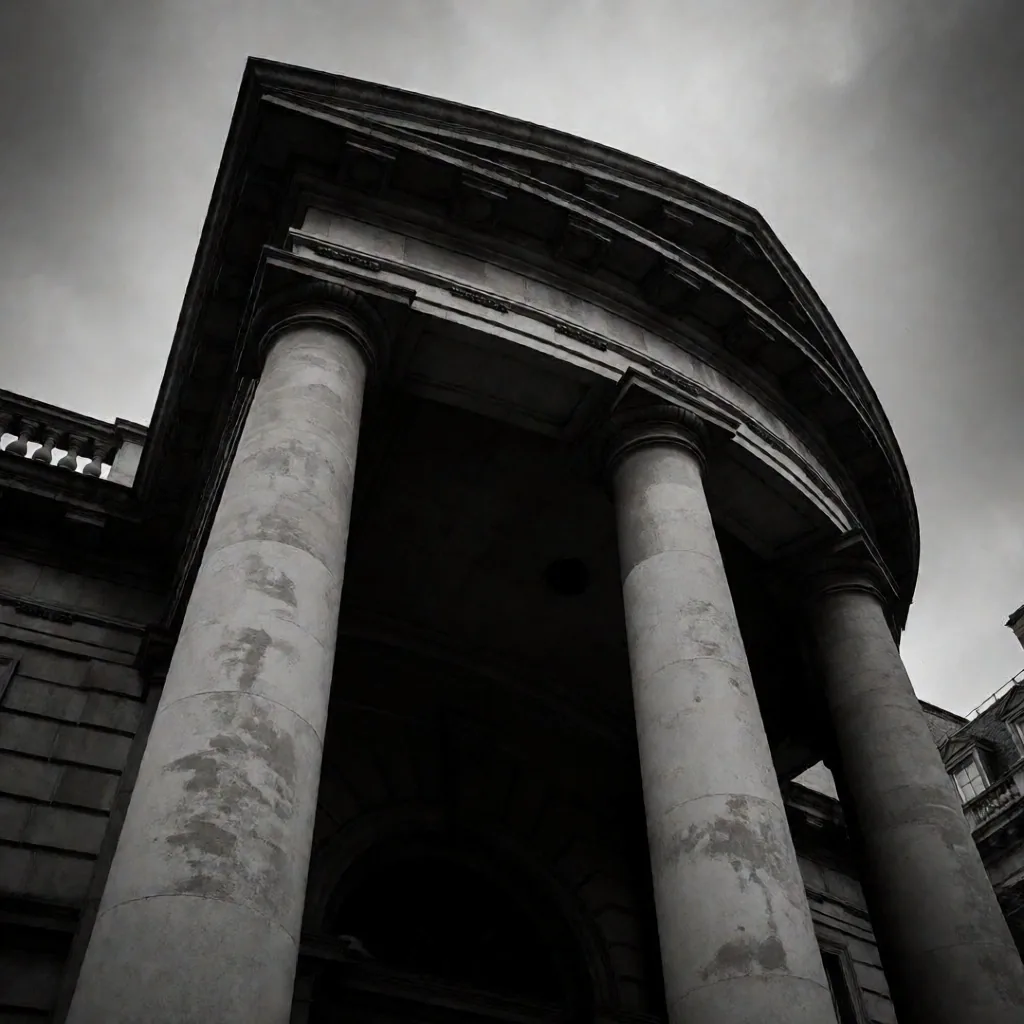 Fachada de edificio gubernamental británico con columnas de piedra