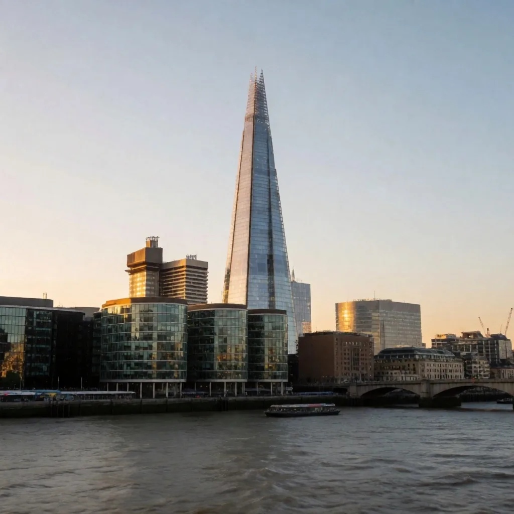 Horizonte financiero de la City de Londres al atardecer
