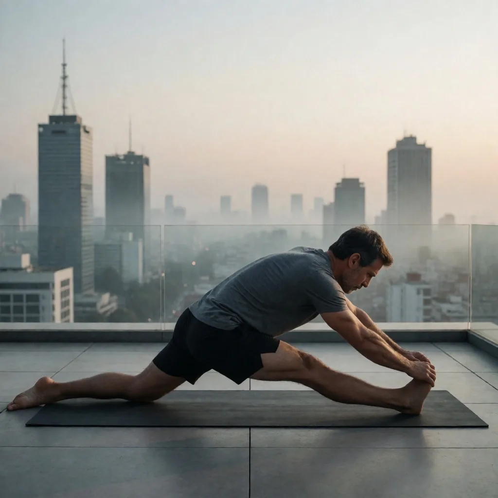 Hombre ejercitándose al amanecer con vista a Ciudad de México