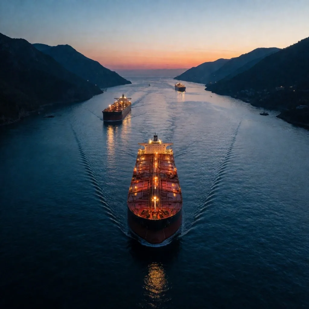 Buques tanquero transitando por un estrecho marítimo al atardecer