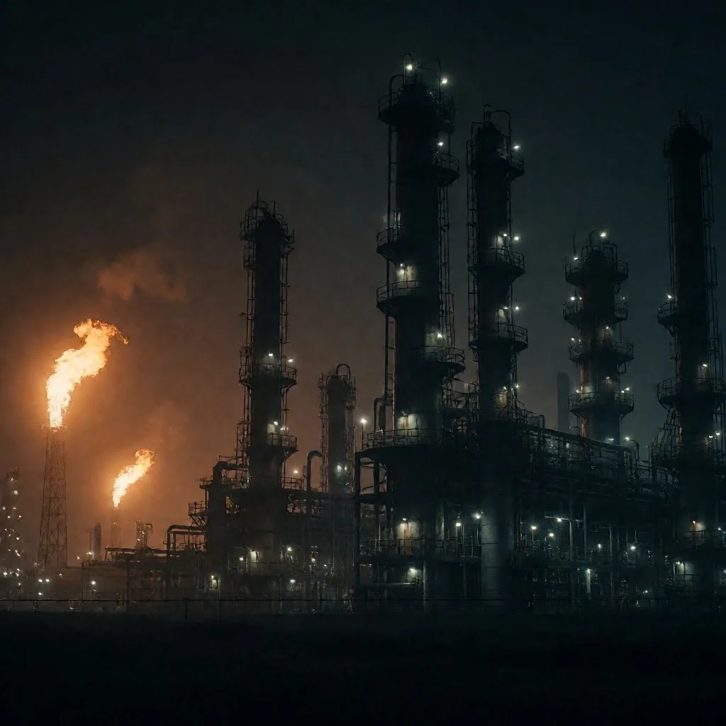 Refinería de petróleo iluminada de noche