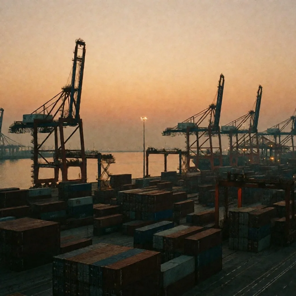 Terminal portuaria mexicana con contenedores de carga al amanecer