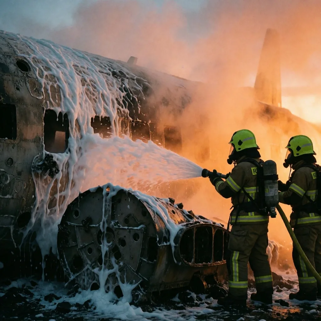 Bomberos combaten el fuego en el fuselaje del avión de carga siniestrado