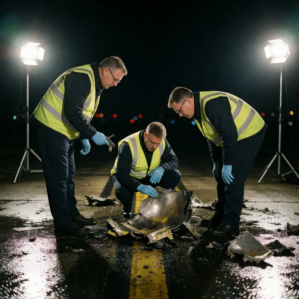 Investigadores aeronáuticos examinan restos del avión en la pista