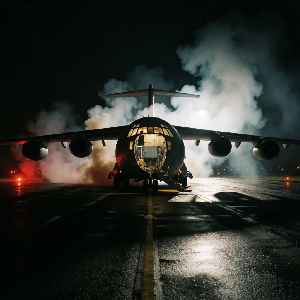 Restos de un avión de carga incendiado sobre una pista oscura