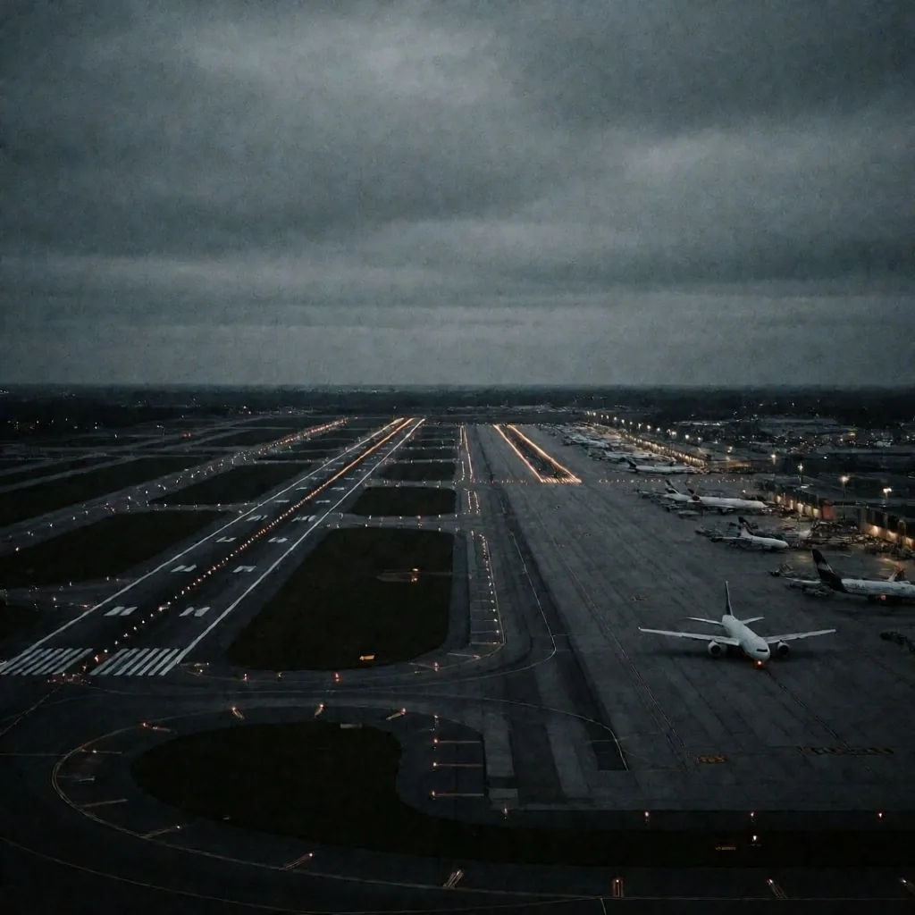 Vista aérea de un aeropuerto de carga al anochecer